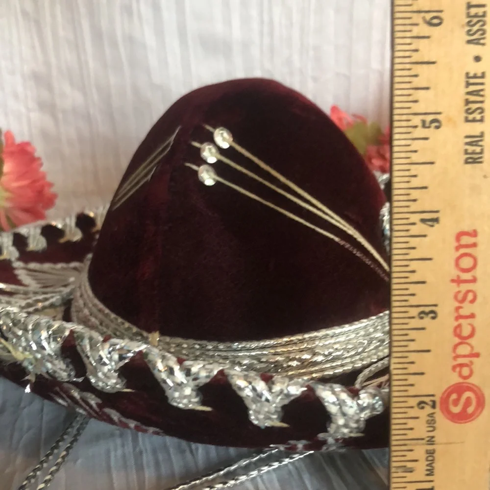 SALAZAR YEPEZ HATS maroon & silver beaded Mexican childs hat w/adjust neck strap
